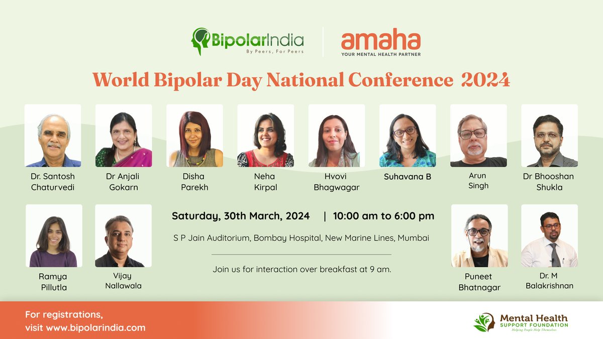 1) We are overwhelmed with the response to our #WorldBipolarDay National Conference 2024! Heartfelt gratitude 🙏 >100 enthusiastic participants from far parts of India, with registrations still coming in! Here's a thread on all our Speakers/Panelists of the Day>