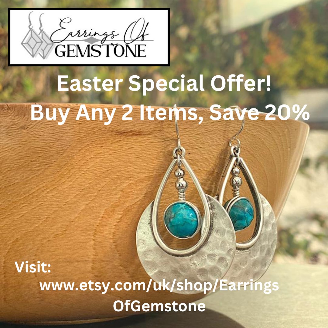 An egg-cellent Easter special offer! Buy any 2 items and save 20%.

Visit: etsy.com/uk/shop/Earrin…

#easteroffer #specialoffer #earringsofgemstone #handcraftedearrings #uniqueearrings #uniquependants #gemstoneearrings #gemstonependants