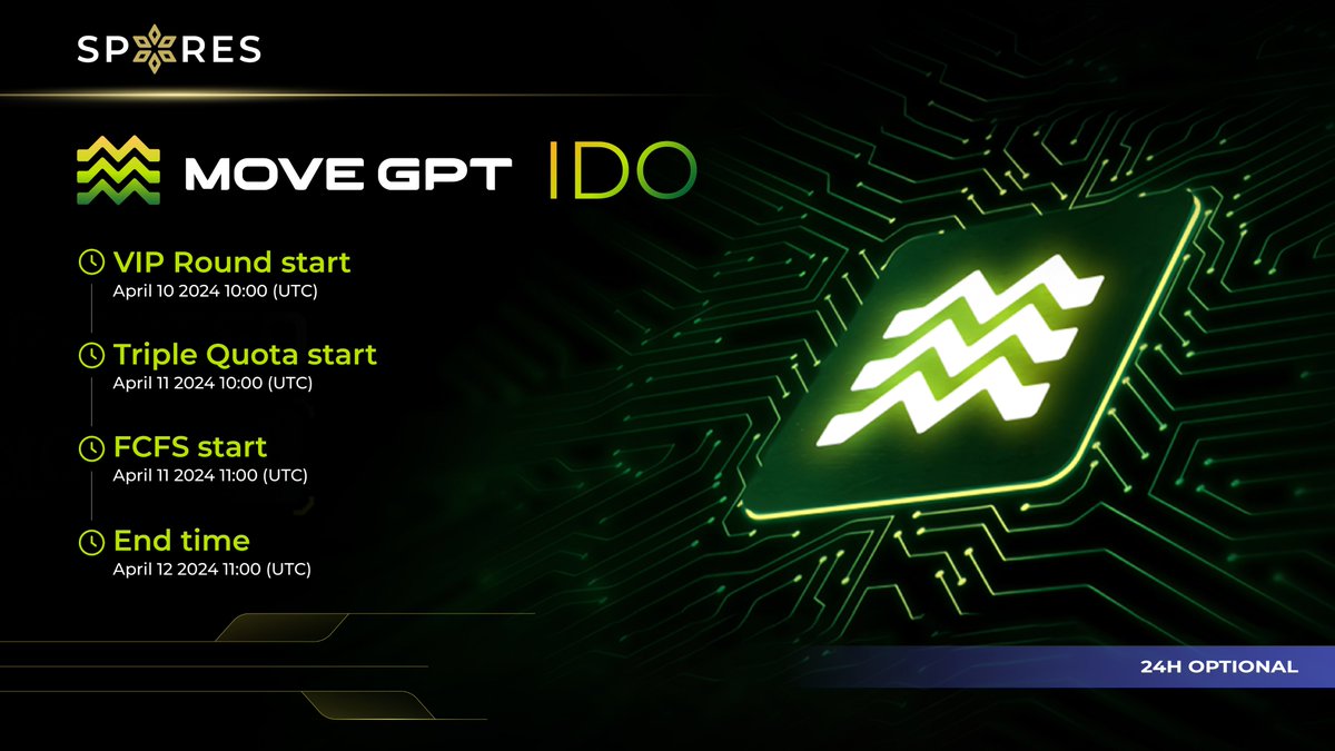 📢 <a href="/MoveGPT/">MoveGPT</a> 𝗜𝗗𝗢 𝗟𝗮𝘂𝗻𝗰𝗵𝗶𝗻𝗴 𝗼𝗻 𝗦𝗽𝗼𝗿𝗲𝘀 𝗟𝗮𝘂𝗻𝗰𝗵𝗽𝗮𝗱!

➡️ MoveGPT is the First Al Launchpad built on the #Aptos Chain, powering the Move Web3 Economy

1⃣ Token Details
✔️ Symbol: $MGPT
✔️ Token Price: $0.004
✔️ Token Network: Aptos
✔️ Vesting Schedule: 25%