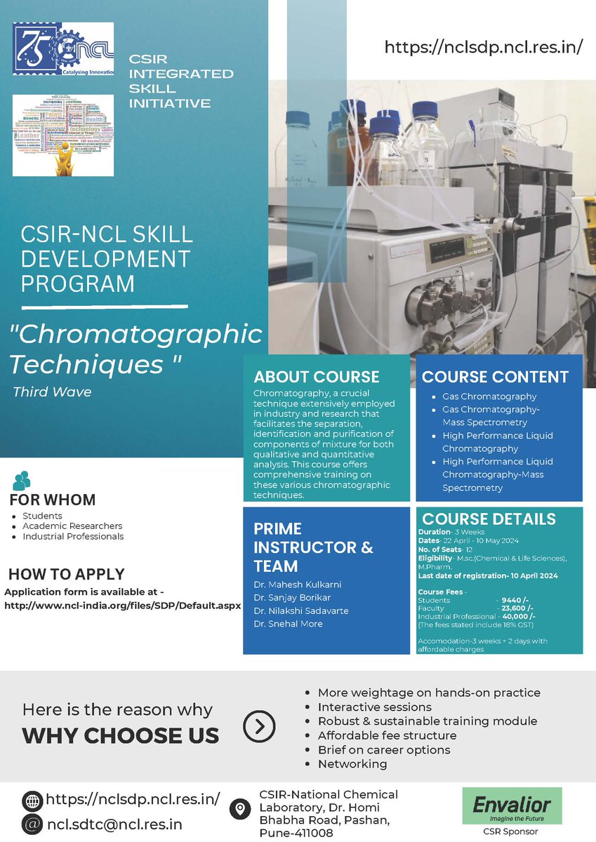 Exciting news! We are back with our most popular course of Chromatographic Techniques! Don't miss out, apply now! Limited seats are available, so act fast as spots are allocated on a first-come, first-served basis. The last date for application is 10th April. @CSIR_IND
