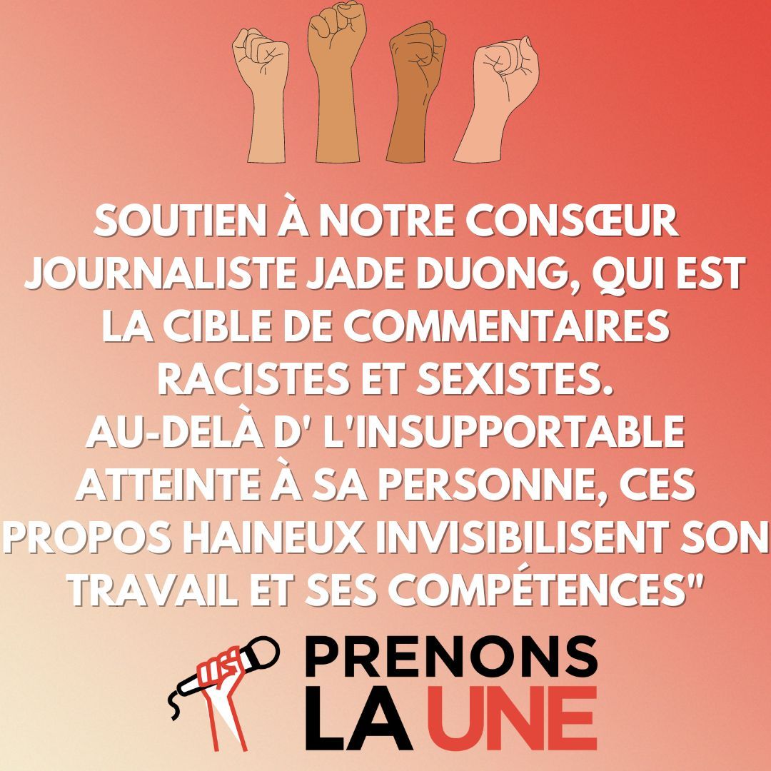 Soutien à notre consœur journaliste @jadedudu Jade Duong, qui est la cible de commentaires racistes et sexistes. Au-delà de l'insupportable atteinte à sa personne, ces propos haineux invisibilisent son travail et ses compétences.