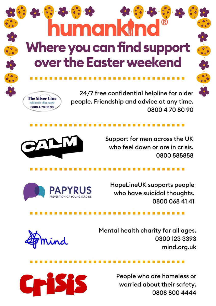 🐣 Happy Easter from everyone at Humankind! 🐣 Over the Easter weekend, some support services may operate under different hours. If you require immediate support during this time we've shared some helpful contacts below. Normal hours will resume for all services on 2nd April.