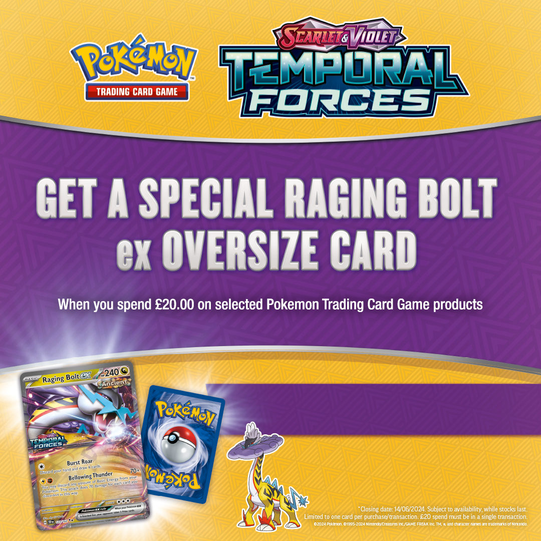 Pokémon trainers, don't miss out! ⚡️ Receive an oversized Raging Bolt ex card FREE when you spend £20 or more on Pokémon Trading Card Game products in-store or online ⚡️ Whilst stocks last. Shop Pokémon TCG now 👉 game-digital.visitlink.me/heg9Vk