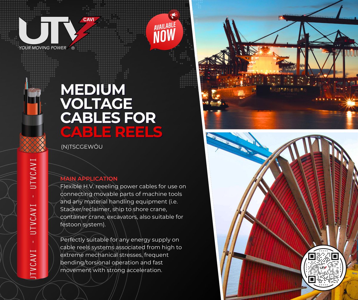 UtvCavi's tweet photo. UTV CAVI-MEDIUM VOLTAGE CABLES
Flexible reeling cable with or without integrated fibre optics wires for high and extreme mechanical stresses, Also usable for reeling application in underground and opencast mining.
#cranecables #reelingcables #utvflex #mediumvoltagecables https://t.co/1EGGAY9sKT