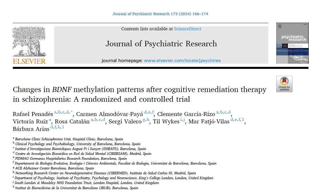 New paper on #CognitiveRemediation for people with #Schizophrenia using @CIRCuiTStherapy showing genetic complex interactions affect benefits - who would have guessed @KingsIoPPN @Kingspsychol @profbowie See here: Changes in BDNF methylation patterns sciencedirect.com/science/articl…