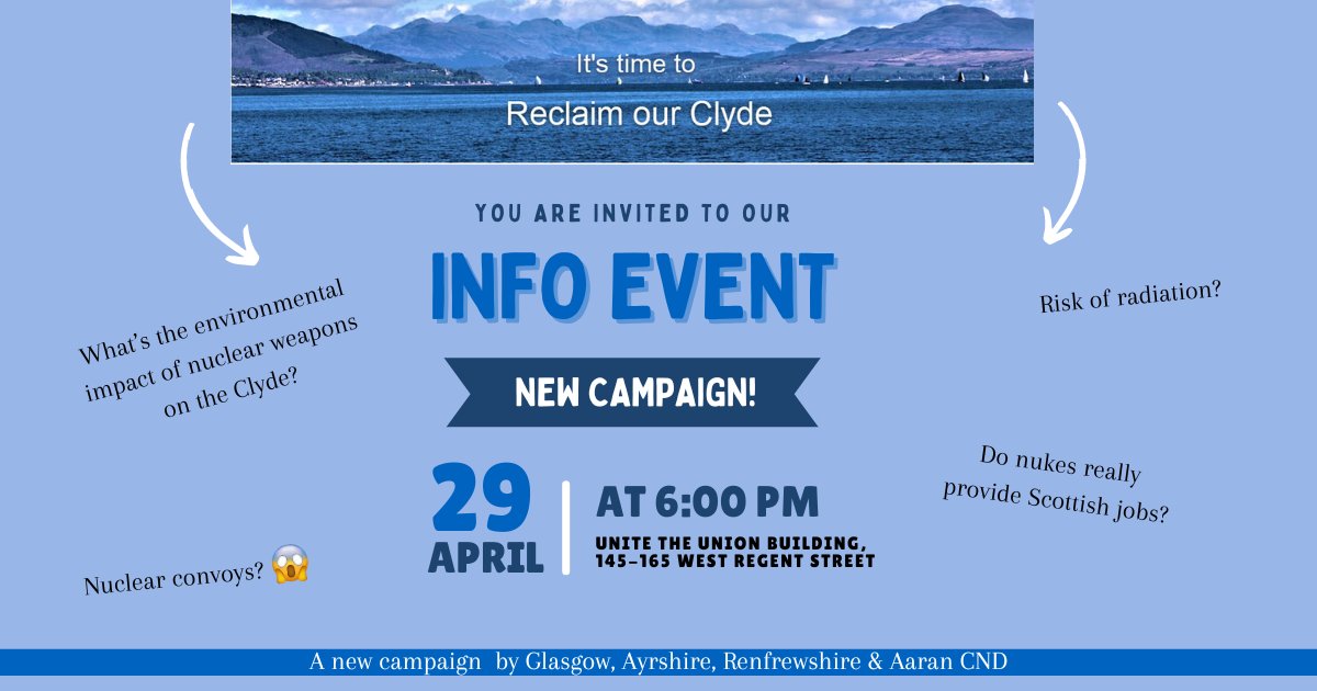 You are invited to join an informational evening on the exciting new 'Reclaim Our Clyde' campaign! ⏲️April 29th @ 6PM 📍Unite The Union Building, 145-165 W Regent St, Glasgow, G2 4RZ Want to know more? Contact David 👉 glasgowcnd0@gmail.com 📧