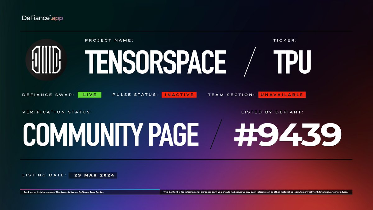 DeFiance_App's tweet image. .@TensorSpace_Ai community page is now live on DeFiance.app/project/Tensor…. 

$TPU is now listed on #DeFianceSwap. 

TensorSpace is a protocol that leverages the power of Bittensor, a decentralized machine learning network, to create a platform for AI/ML enthusiasts, developers, and