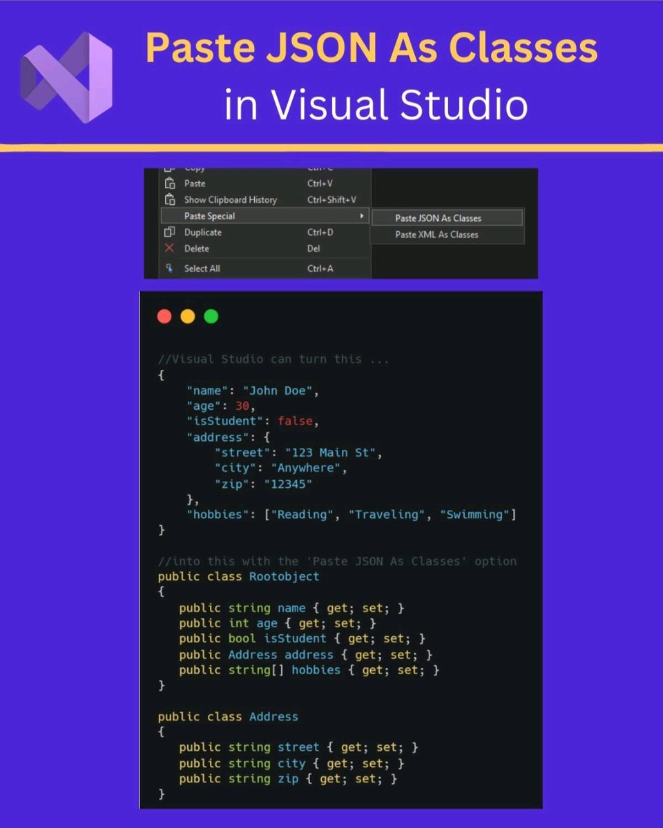 Asquaretechtalk's tweet image. 🧑💻 Paste JSON As Classes in Visual Studio !
Not a lot of devs are aware of this feature in VS but it's super useful.
It's available from the Edit menu.
Have you used this functionality before?
.
.
#code #codingtutorials #coding #visualstudio #json #vs #algorithms