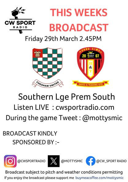 PLS RT MATCHDAY its @cheshamutdfc vs @HYUFC_Official in @SouthernLeague1 Hope to see a bumper crowd but IYCMI you can listen in @BBC3CR @Ollie_Bayliss @WycombeSound
@ChilternVoice @RadioDacorum @bucksfreepress
@cheshamtown @AlexHorne @Chess_Suite
@cheshamutdlfc @cufc_generals