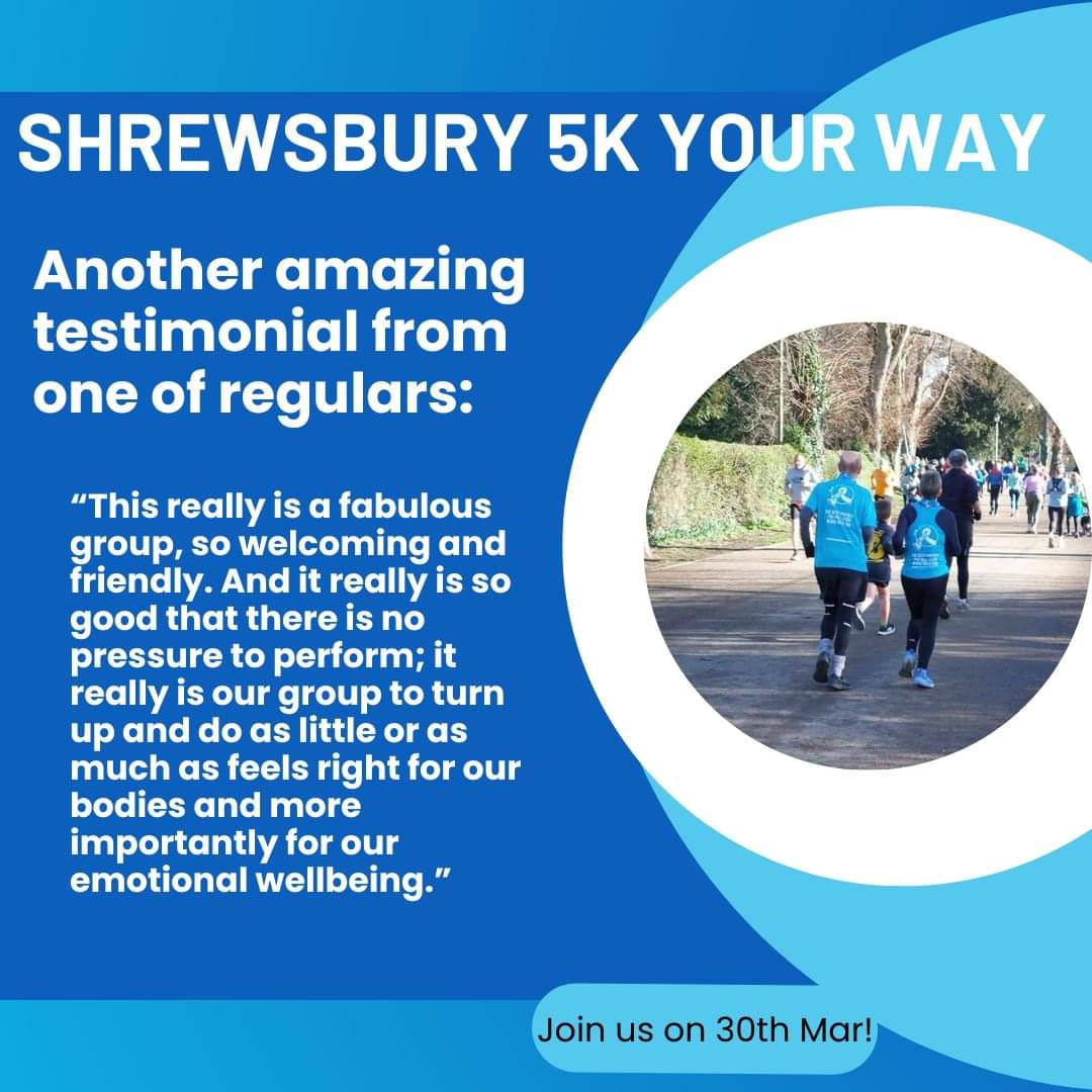 Don't forget it's our group meet up tomorrow Saturday 30th March. See you near the bandstand at 8.45am, coffee afterwards at @stopcoffeeshop for our support group with a difference at @shrewsparkrun @MOVEcharity 💙