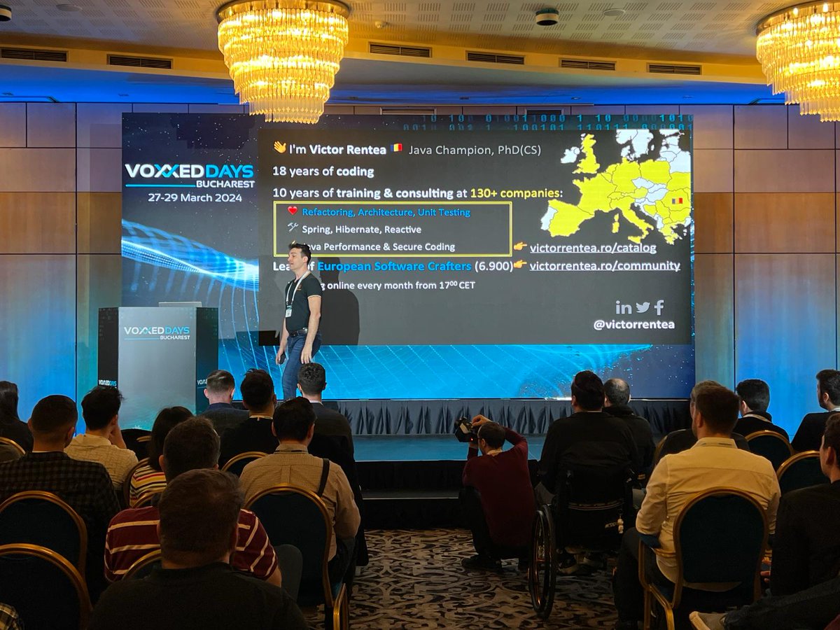 VoxxedBucharest's tweet image. Welcome to @VictorRentea, delivering an insightful keynote at the seventh edition of @VoxxedBucharest 2024 #conference!

#itisfun #vdbuh24 #conference