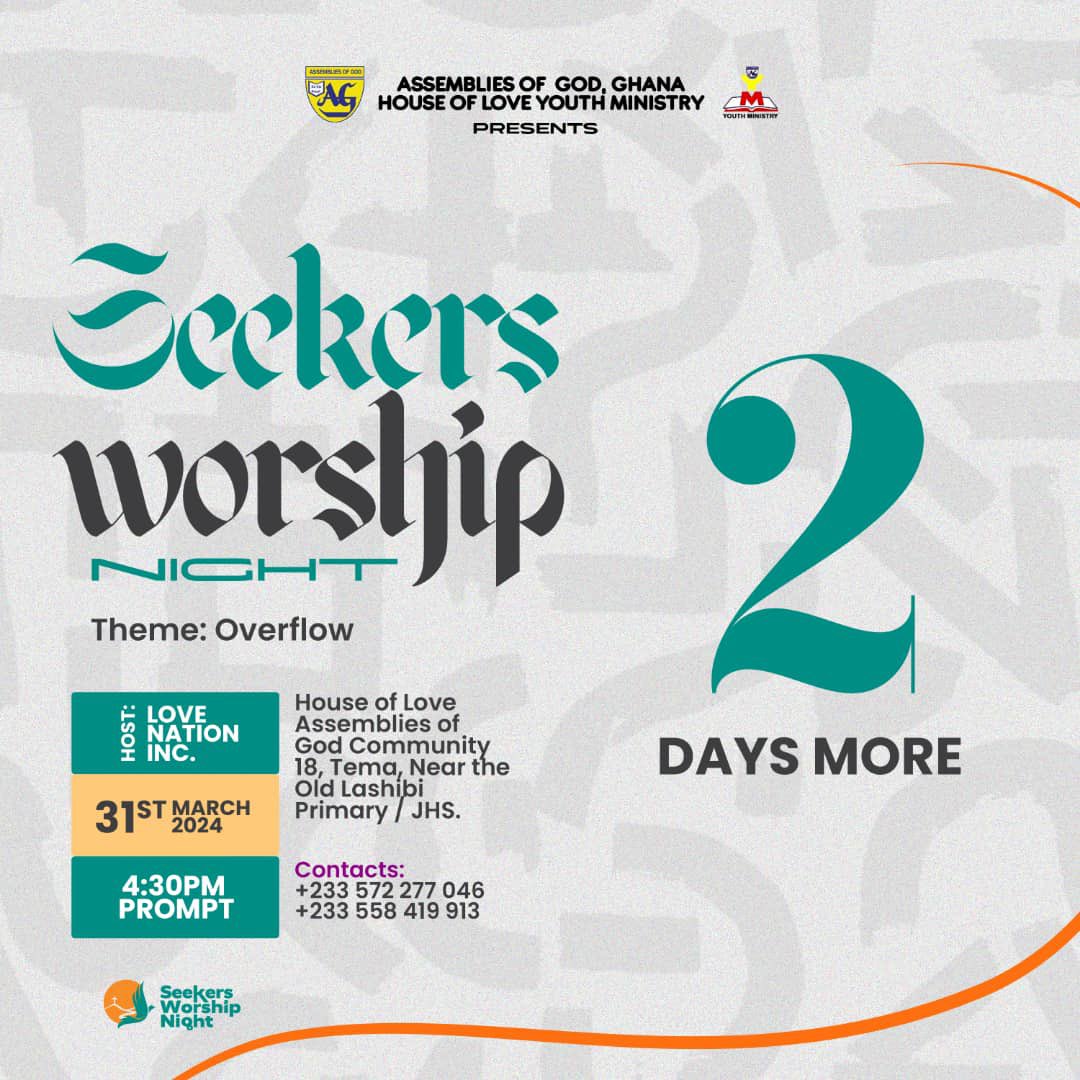 _SEEKERS WORSHIP NIGHT 24_ 
The drum is rolling, the trumpet is sounding. You can't be left of the sound of victory. The date is very close.
You're highly invited
#overflow
#SWN
#seekersworship
#seekerworshipnight