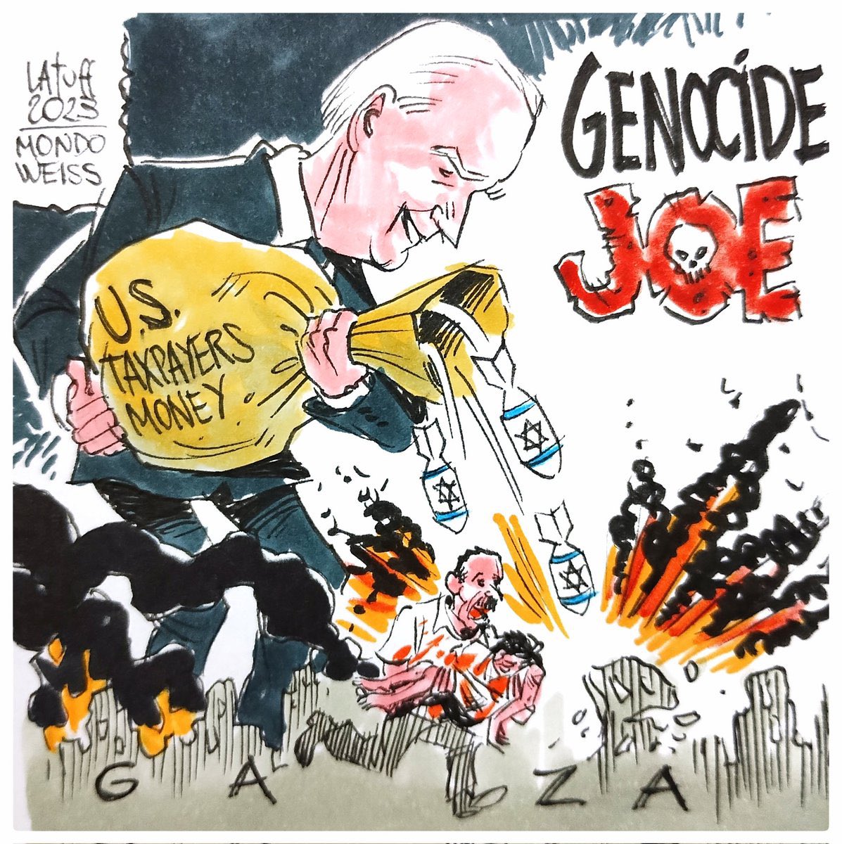 Genocide Joe has said some great things about British tyranny against the Irish in the past… Yet now he enables and funds the calculated and barbaric destruction of another people. A proper scumbag. Free 🇵🇸 Fuck 🇮🇱 🖼️ by @LatuffCartoons