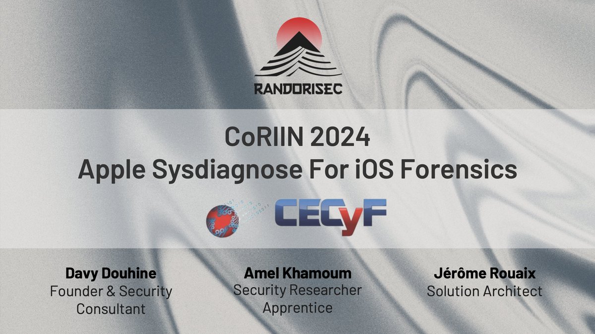 Les slides de la présentation 'Apple Sysdiagnose for iOS forensics' donnée par @mel337__ @jrouaix @ddouhine pour #CoRIIN viennent d'être publiées: cecyf.fr/wp-content/upl… #iOS #mobile #forensics #shindan