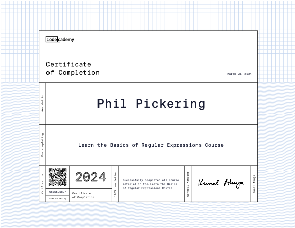 coder_phil's tweet image. Completed the @Codecademy course on Regular Expressions. 

#regexp #codecademy