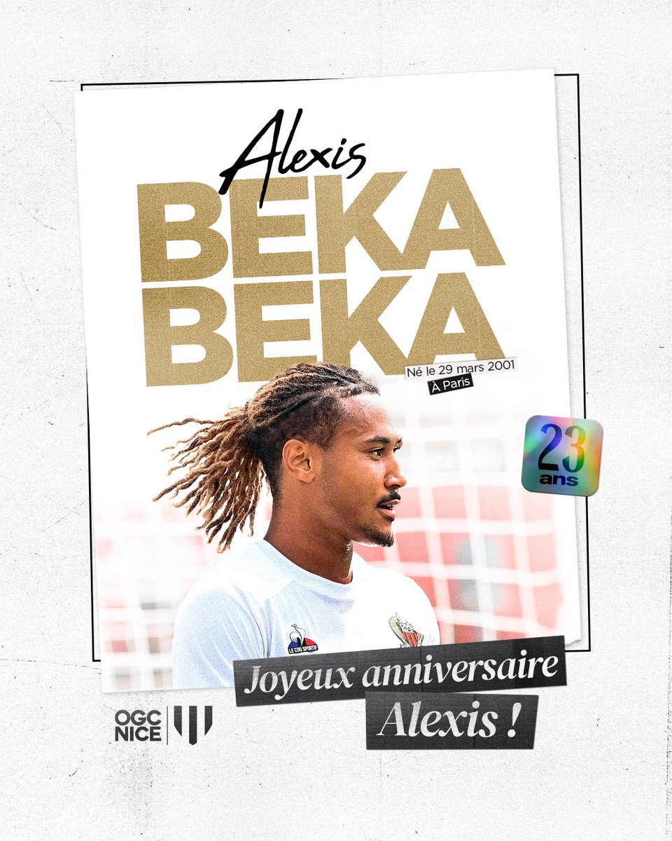Né le 29 mars 2001 à Paris, Alexis Beka-Beka a 23 ans ce vendredi. En ce jour anniversaire, l’ensemble de l’#OGCNice en profite pour adresser toutes ses pensées à son milieu de terrain. Tous les membres de la famille rouge et noir sont avec toi, Alexis ! 🔴⚫️