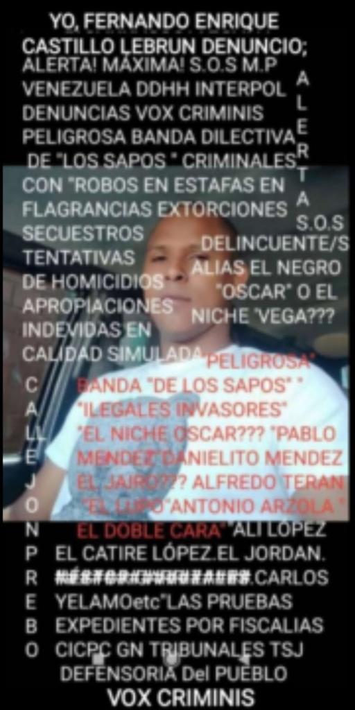 LebrunCast86699's tweet photo. @TarekWiliamSaab @MinpublicoVEN YO, FERNANDO ENRIQUE CASTILLO LEBRUN VENEZOLANO ADULTO MAYOR DENUNCIO VOX CRIMINIS CRIMINALES BANDAS ILEGALES INVASORES VIOLENTOS ROBOS PLURIOFENSIVOS HURTOS SECUESTROS EXTORSIONES CALLEJON PREBOL CC LOPEZ LAUTUCHE 50Mts AV BOLÍVAR NORTE VALENCIA CARABOBO S.O.S MINISTERIO PUBLICO https://t.co/Hk9NaUo5fP