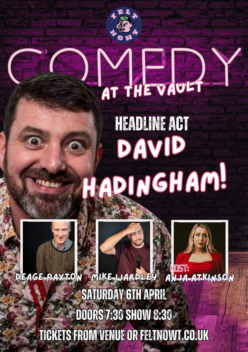 Still a few tickets left for a brilliant night of stand-up comedy <a href="/TheVaultHexham/">The Vault</a> next Saturday (6 April).

Featuring David Hadingham (“some of the best handmade gags in the business”) and host <a href="/Anjatkinson/">Anja Atkinson</a> (“brutal honesty and strong punchlines”).

thevaulthexham.com/product/felt-n…