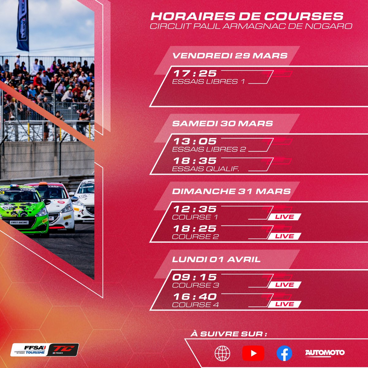 ⏱️LES HORAIRES⏱️

Le #FFSATourisme débutera le weekend des cet après-midi avec les Essais Libres 1️⃣ à 17:25🔥

📍 <a href="/circuitnogaro/">Circuit de Nogaro</a> 
🗓️ 28 mars - 1 avril 
🎟️ Billetterie en bio