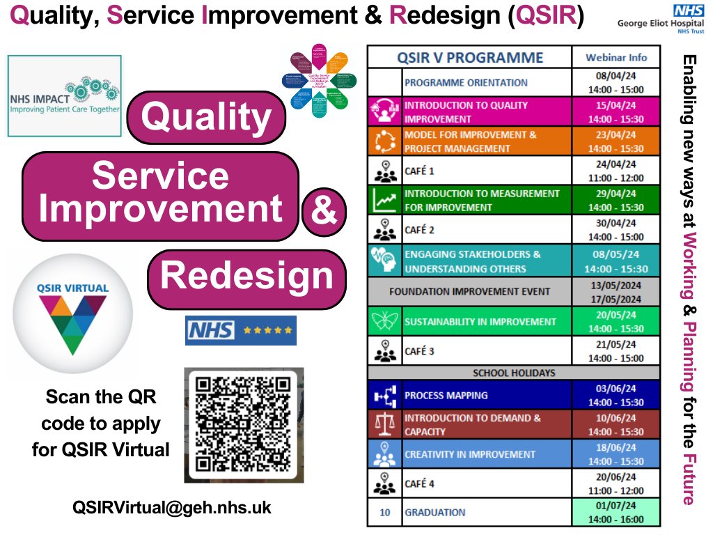 GEHQSIR (@gehqsir) on Twitter photo Last few days to sign up for #QSIR Virtual Programme which starts next month. Deadline for applications 01/04/24.
Email QSIRVirtual@geh.nhs.uk for more info or 
Apply via lnkd.in/eiEKPMHf 
<a href="/GEHNHSnews/">George Eliot Hospital NHS Trust</a> <a href="/nhsswft/">@nhsswft</a> <a href="/QSIR_WVT/">QSIR_WVT</a> <a href="/happyhealthycw/">Coventry & Warwickshire ICS</a> <a href="/NHSFabFriday/">Fab Friday</a> <a href="/LibbyH74/">Libby Holland</a> #QSIR Last few days to sign up for #QSIR Virtual Programme which starts next month. Deadline for applications 01/04/24.
Email QSIRVirtual@geh.nhs.uk for more info or 
Apply via lnkd.in/eiEKPMHf 
<a href="/GEHNHSnews/">George Eliot Hospital NHS Trust</a> <a href="/nhsswft/">@nhsswft</a> <a href="/QSIR_WVT/">QSIR_WVT</a> <a href="/happyhealthycw/">Coventry & Warwickshire ICS</a> <a href="/NHSFabFriday/">Fab Friday</a> <a href="/LibbyH74/">Libby Holland</a> #QSIR