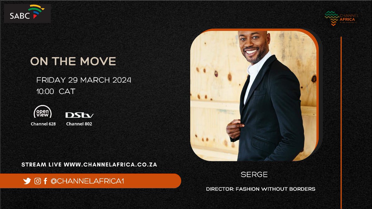 [On-Air]
Fashion without Borders will be celebrating ten years in Africa. <a href="/taupalesavoice/">Palesa Tau</a> speaks with <a href="/sergemuyamba/">Serge Kabisoso</a>, Founder <a href="/FWBAfrica/">FWBAfrica</a>, about the fashion event 

Tune in: <a href="/SABCPlus/">SABC+</a> | OpenView 628 | Dstv 802
Stream:bit.ly/SoundaAfrica
#OntheMove #ChannelAfrica #SABCNews