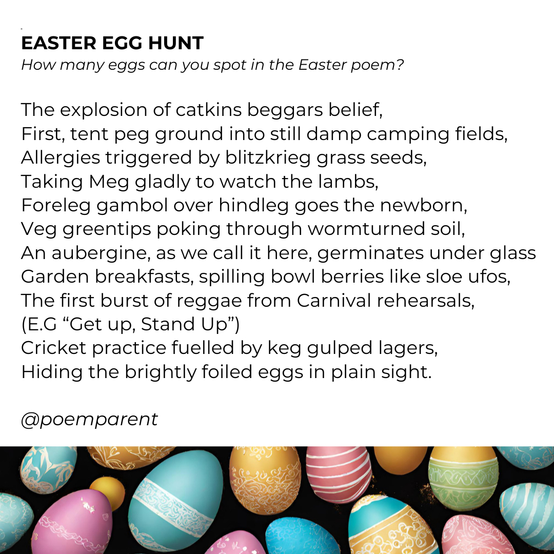 Feels like there are enough new readers on IG since last Easter to enjoy this hunt again!. 
#easter #eastereggs #easteregghunt #easteregghunt2024 #easteregg #easteregger #easterpoem 
#poem #poetry #poemoftheday #dailypost #dailypoem #dailypoems #writing #writingcommunity