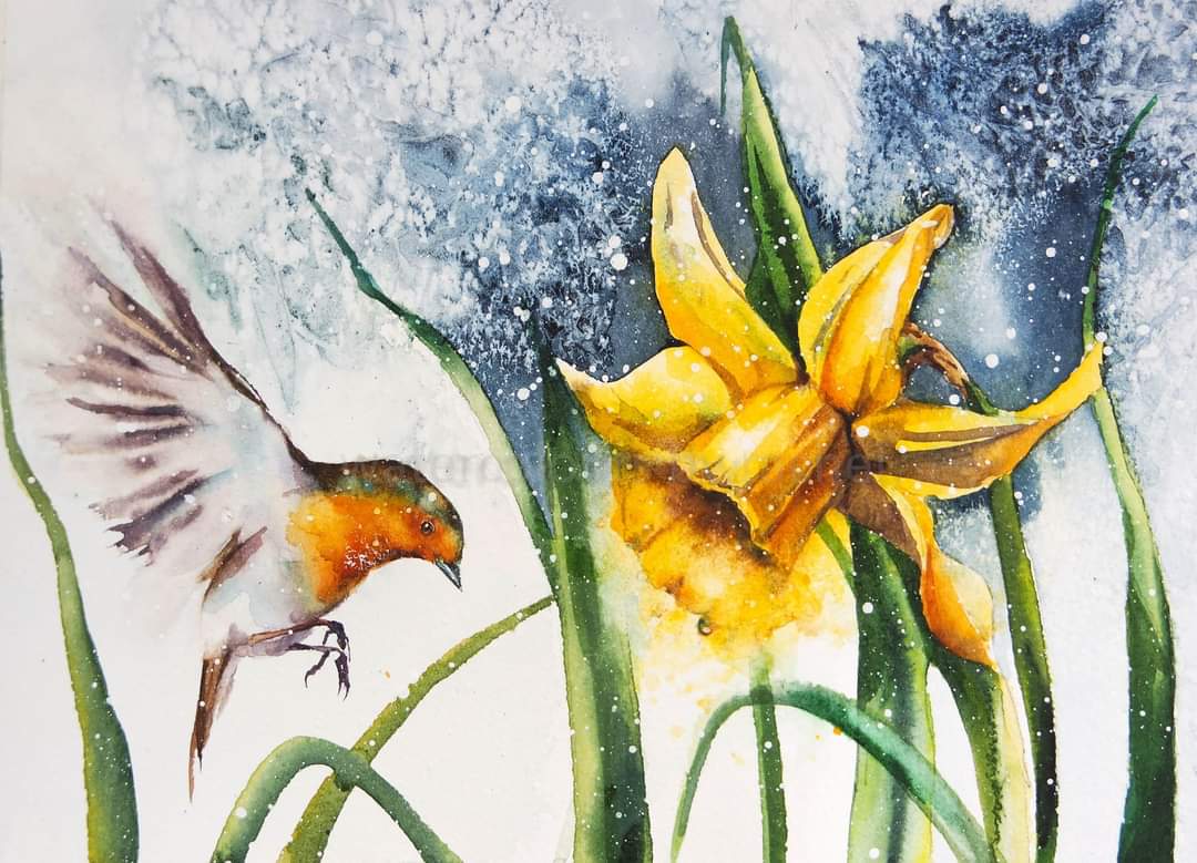 This piece seemed very apt for today, we've had cold blustery icy showers. Yet it is Easter, Daffodils are blooming, the birds are singing. Whether you celebrate Easter for holy reasons or enjoy the bank holiday Happy Good Friday x #watercolour #Spring #GoodFriday #art #birds