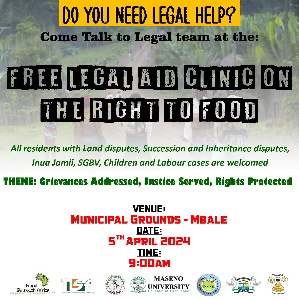 Food is a fundamental right that need to be protected. You are invited to a Free Legal clinic on the Right to Food; come talk to our legal team on issues that affect access to quality food and any injustice that arise from safeguarding this basic right; keep the date, 5th April.