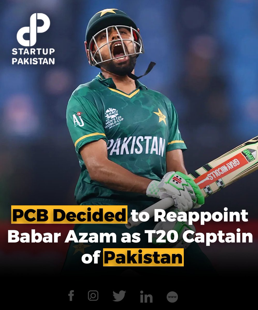 PakStartup's tweet photo. The Pakistan Cricket Board (PCB) has opted to reinstate Babar Azam as the T20 captain following the recommendation from the newly formed selection committee to change the skipper.
#PCB #T20 #Captain #reappoint https://t.co/2L8Z0GwzYW