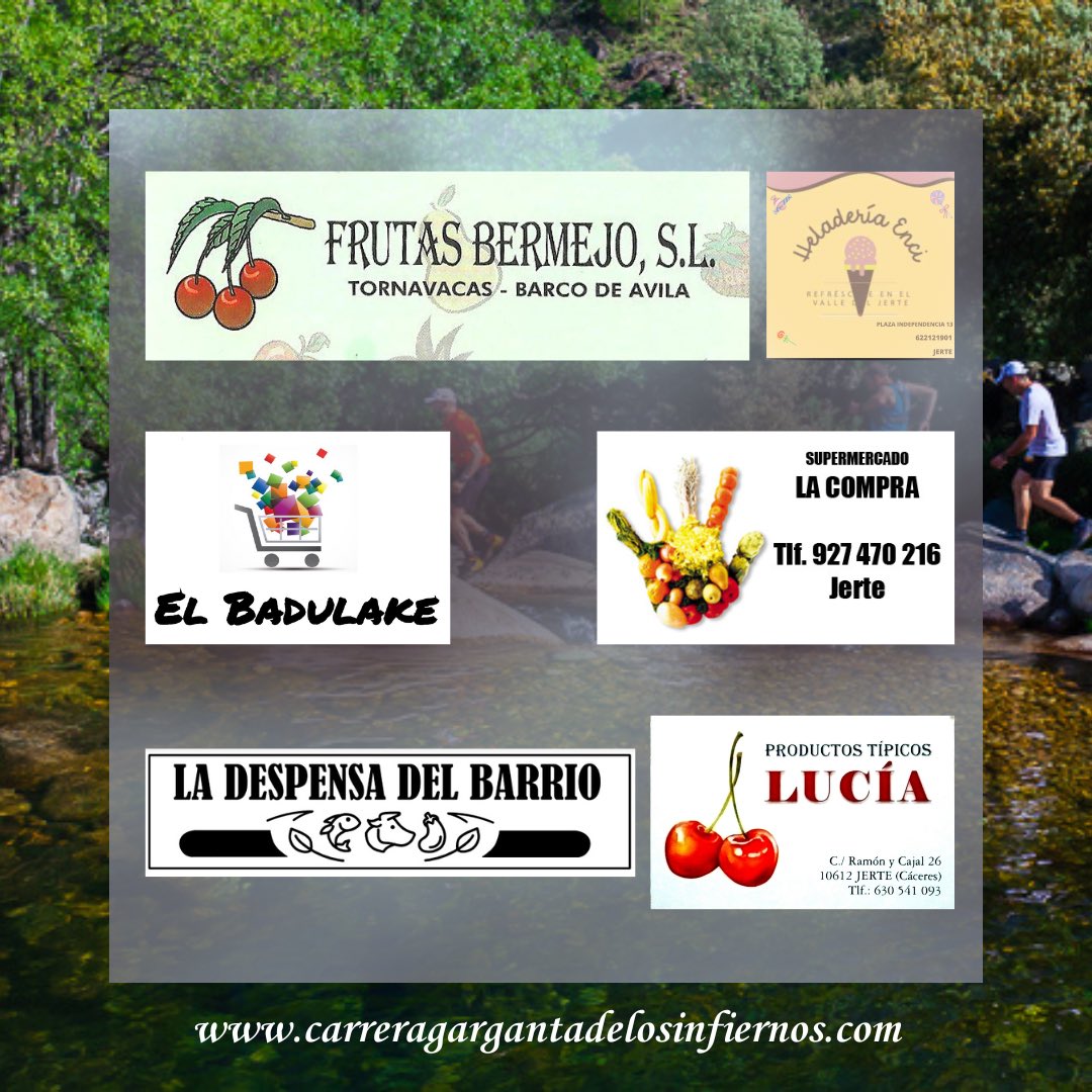 CxMGargdelosInf's tweet photo. 🔹PATROCINADORES🔹
Nada de esto sería posible sin la ayuda de nuestros colaboradores. Supermercados y Tiendas 🥖🥑🍎 (6/10).
#CxMGargantaDeLosInfiernos #CDJerte #Trail #Jerte #Abril https://t.co/0Hqyjj0uaE
