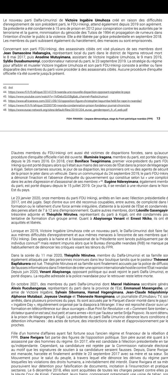 @JewswithRwanda Commencez par visiter les personnes dans ce document de @fidh_fr. Les plus chaceux vous les trouverez en prison , d'autres portés disparus, beaucoup au cimetière! Leur faute?avoir adhéré aux propositions de changement du mouvement politique de @VictoireUmuhoza.…