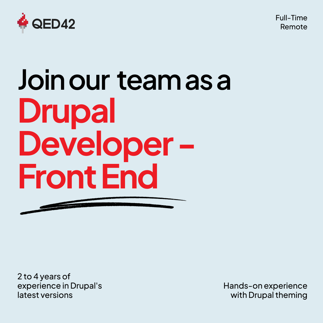 We are looking for a Drupal Developer - Front End! Experience: 2-4 years Location: Remote Employment Type: Full-Time 🔗Apply here: jobs.smartrecruiters.com/QED42Engineeri… #Hiring #OpenPositions #PeopleofQED42