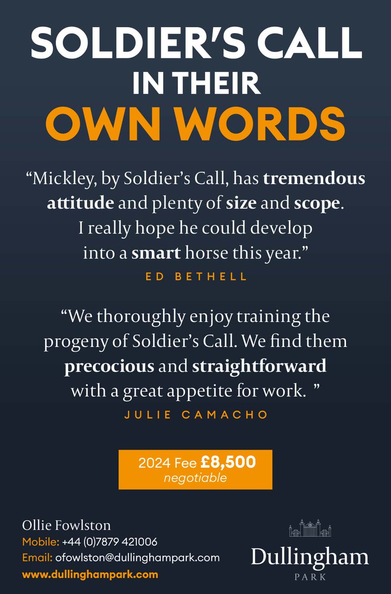 🌟 High praise indeed for the progeny of @dullingham_park's SOLDIER'S CALL 🌟 🗣 See below what @ebethellracing & Julie Camacho have to say ⬇️ For more information and to secure you mares' nominations visit ⬇️ dullinghampark.com/stallions/sold… #ReadAllAboutIt