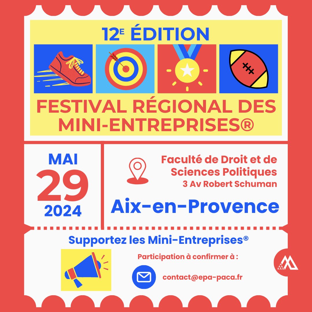 Notre Festival des Mini-Entreprises a lieu dans 2 mois : le 29 MAI à la Faculté de Droit et de Sciences Politiques à AIX-EN-PROVENCE <a href="/RometJP/">ROMET Jean-Paul</a>  <a href="/AcAixMarseille/">Acad. Aix-Marseille</a> <a href="/MaRegionSud/">Région Sud</a> <a href="/AcademieNice/">Académie de Nice</a> <a href="/RegionAcPaca/">Région académique Provence-Alpes-Côte d'Azur</a> @BernardBeignier <a href="/NatachaChicot/">Natacha Chicot</a> <a href="/RenaudMuselier/">Renaud Muselier</a> <a href="/DevauxAlison/">Devaux Alison</a> <a href="/EDUC_ECO_acNice/">Cellule Éducation Économie de l'Académie de Nice</a>