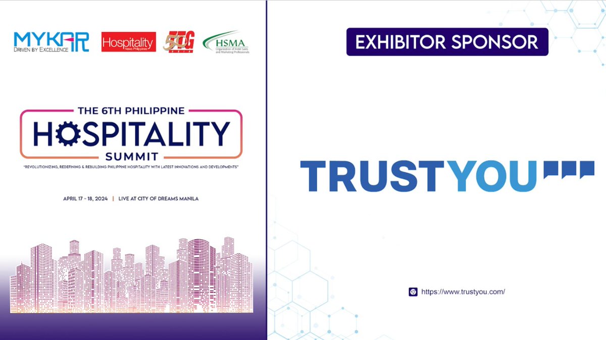 Exciting news! 🌟 We're thrilled to be exhibitor sponsors at The 6th Philippine Hospitality Summit, April 17-18, 2024, City of Dreams, Manila! Join us to shape the future of hospitality. Mark your calendars! 🚀  #TrustYou #HospitalityInnovation #PhilippineHospitalitySummit