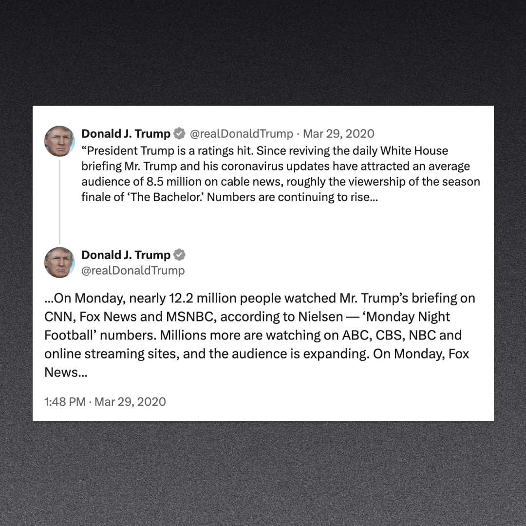 Four years ago today, as Americans were dying and jobless, Trump tweeted about how high the ratings were for his disastrous press briefings, tweeting they were “roughly the viewership of the season finale of The Bachelor'