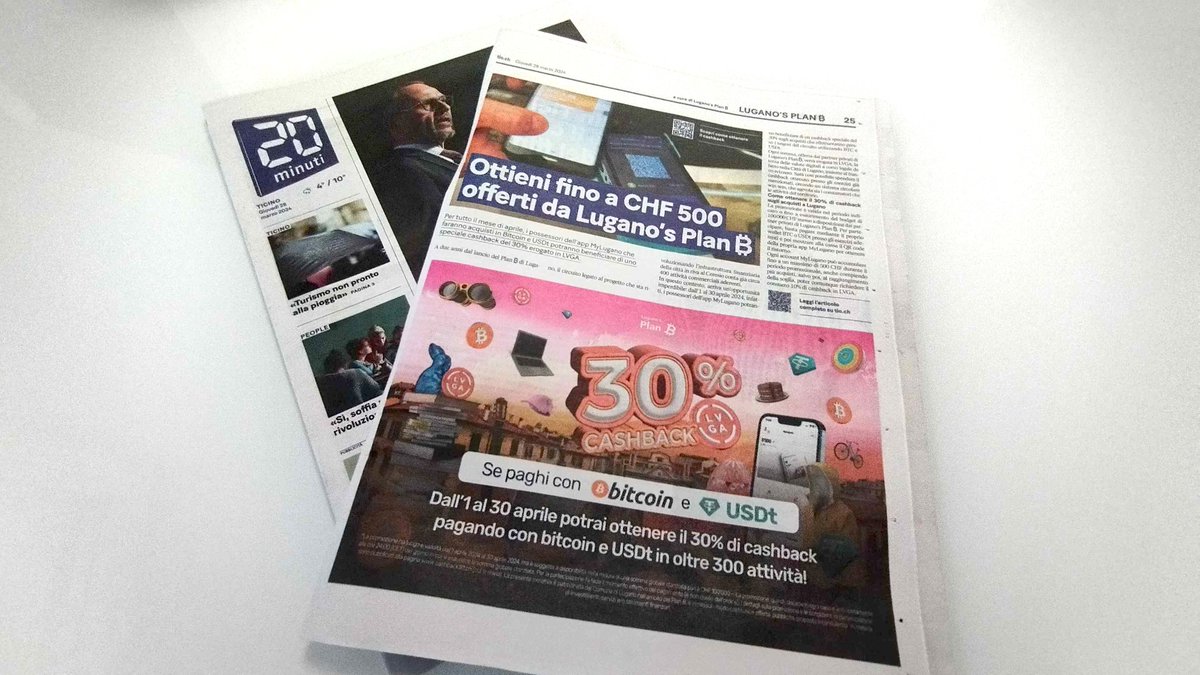 Today in the popular local newspaper “20 Minuti”🍊💊🗞️📰🗞️📰🗞️📰🗞️ From 1st to 30th April you will have 30% cashback if you pay with #bitcoin or USDt in over 300 shops in Lugano! #LuganoPlanB 🍊💊🗞️📰🗞️📰🗞️📰🗞️