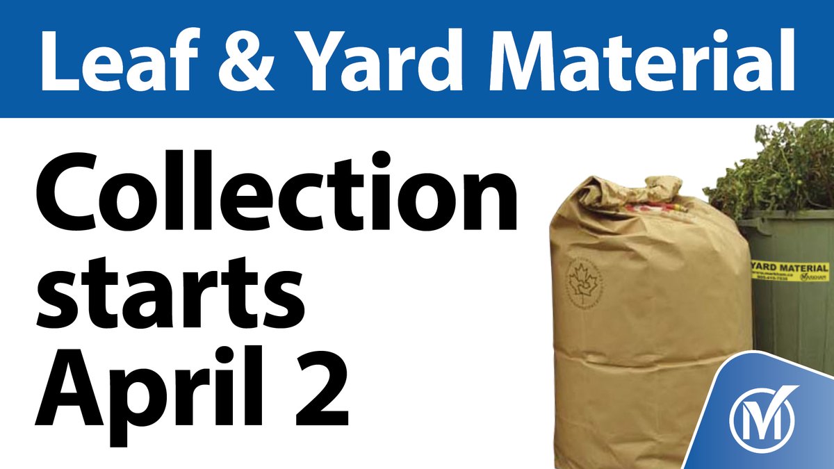 Biweekly leaf and yard curbside collection begins April 2. Set out by 7:00 AM, same day as your Clear Bag Garbage. Reminder — no grass clippings, sod or soil. For more guidelines, visit markham.ca/YardMaterial