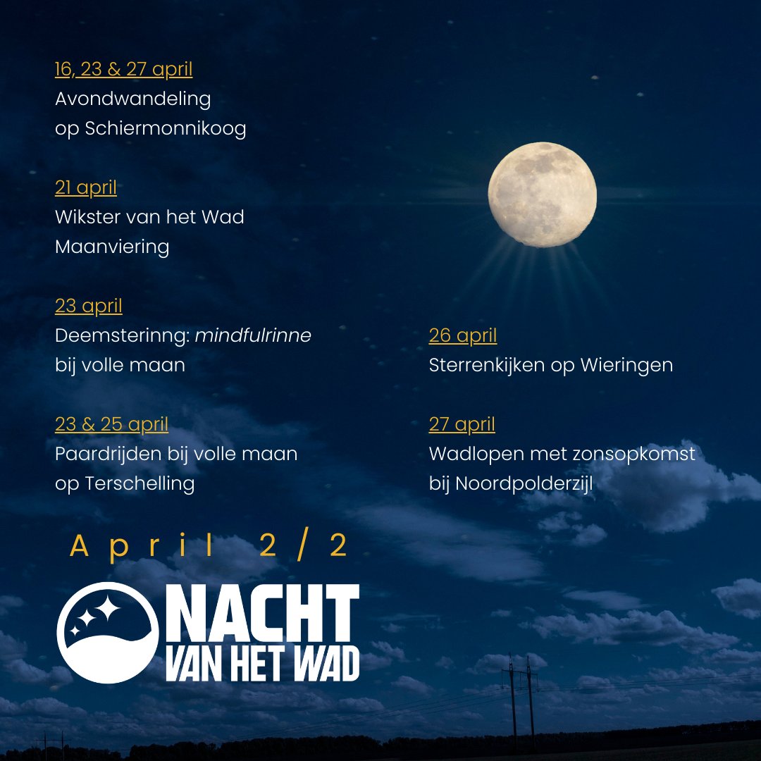 De dagen worden weer langer, maar er is genoeg donker over om mee te doen aan één van de vele nachtactiviteiten op het Wad ✨  Ga je paardrijden bij volle maan, eten met planeten of sterrenkijken bij een sterrenwacht? Bekijk deze en andere actviteiten op nachtvanhetwad.nl!