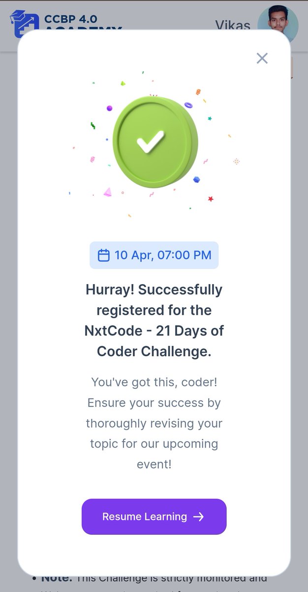 kameravikas's tweet image. 🌟 Thrilled to announce that I've registered for the #NXTCode 21-day coder challenge!
I'm excited to push my coding skills and tackle the challenges ahead. #LetsCode