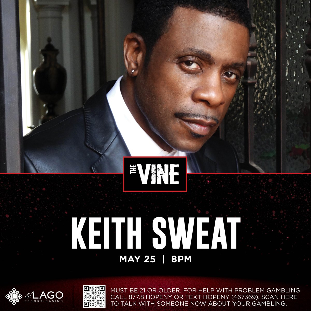 TICKETS ON SALE NOW: loom.ly/bnmaajo Keith Sweat takes The Vine Stage on Saturday, May 25 at 8PM for a night of R&B! 🎶 Grab your tickets now to enjoy songs 'Twisted,' 'Make It Last Forever' and more. #delLagoNY #AtTheVine