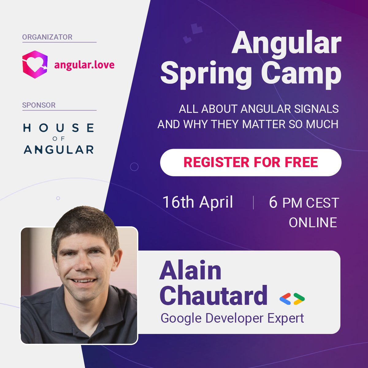 📚 Why do Signals play a pivotal role in the future of #Angular applications? 👨‍💻 🎓 Google Developer Expert @AlainChautard will address this question during our first meetup at Angular Spring Camp. Register now ➡ bit.ly/3vvlopM. Join us in listening to the 'All about