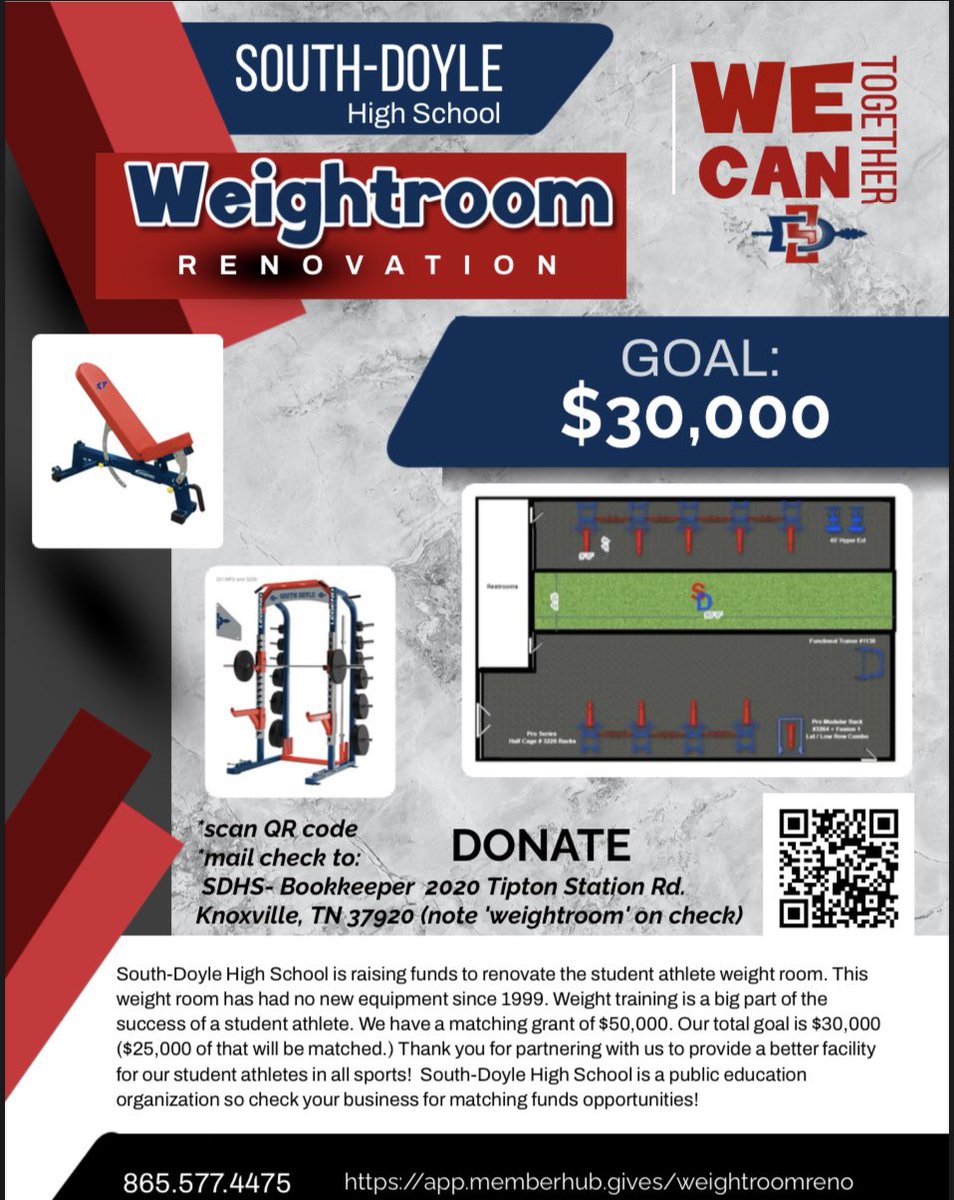 Will you partner with us in honor of your student who used the equipment in the SD weight room, in honor of your student who will use this new equipment, or to simply support the SoKno community? app.memberhub.gives/weightroomreno…