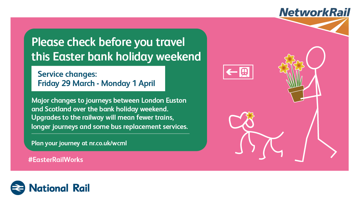 🥚 Please check @nationalrailenq before you travel this Easter bank holiday. 📅 Fri 29 March - Mon 1 April 🚌 Expect longer journeys & some bus replacements. 🦺 We're upgrading the railway. 👉 gloo.to/6RXZ #EasterRailWorks