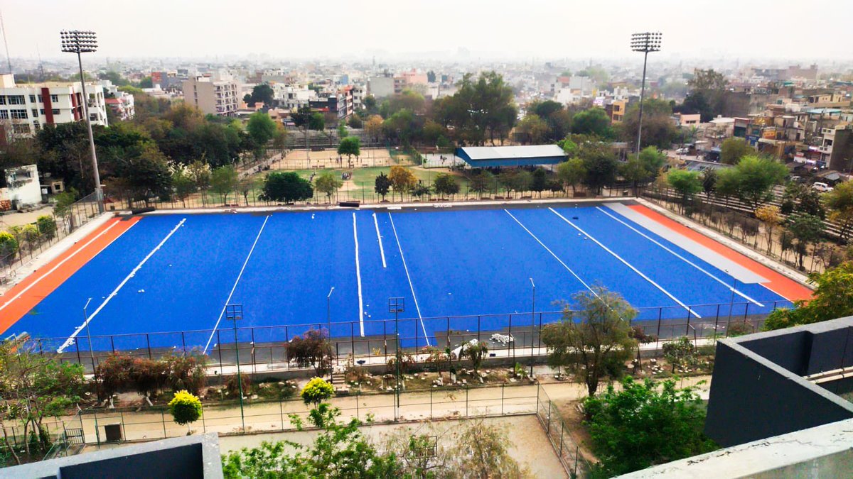 Hockey Astroturf laying is in progress and will be completed by Mid-April in Nehru Stadium, Gurugram. Around 150 hockey players of the district to benefit from it. @DC_Gurugram @DiprHaryana