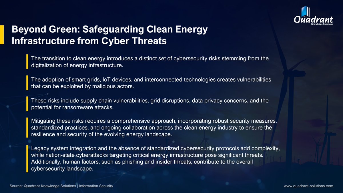 The #cleanenergy transition brings new #cybersecurity challenges due to interconnected technologies like #smartgrids and #IoT devices. Malicious actors can exploit these #vulnerabilities, so we need robust #security measures and collaboration across the industry to ensure a safe