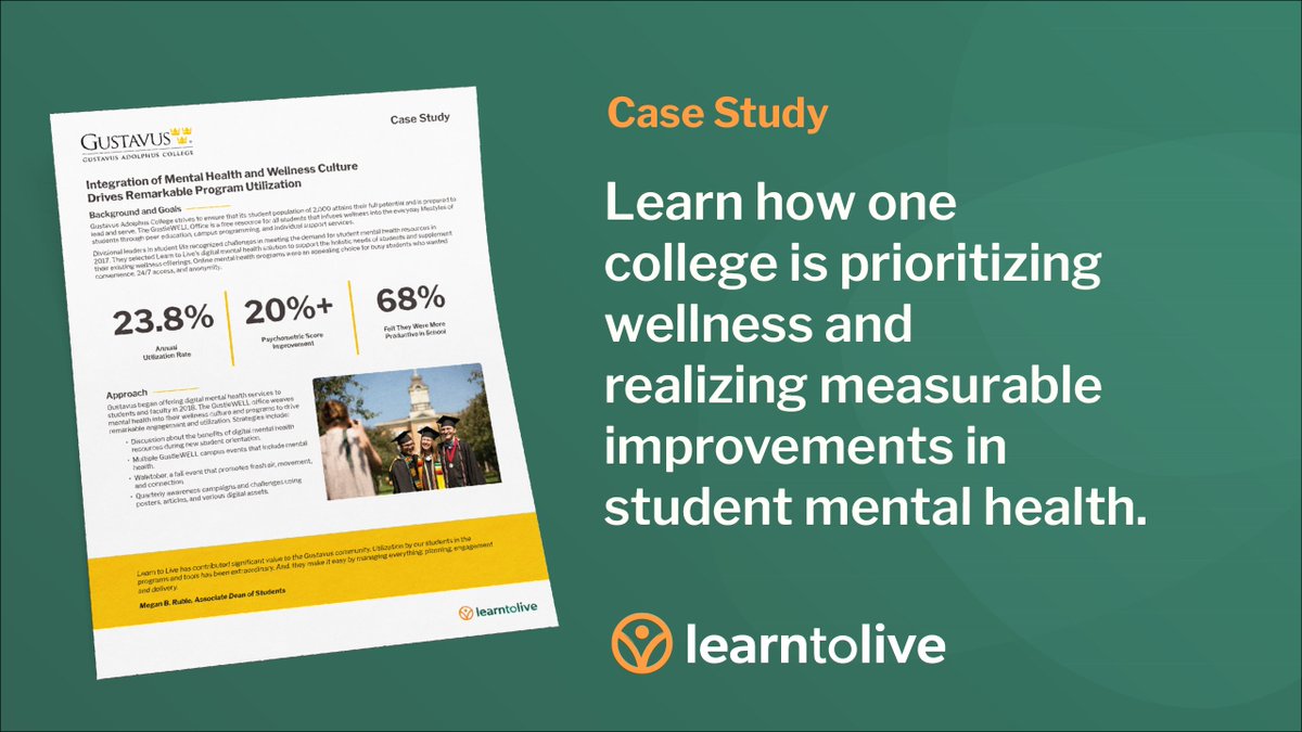 Learn how <a href="/gustavus/">Gustavus Adolphus College</a> supports the holistic needs of students by providing them with access to digital mental health programs. The college’s wellness leaders have driven a noteworthy 23.8% annual utilization. Download the case study to learn more: bit.ly/3TdktlN