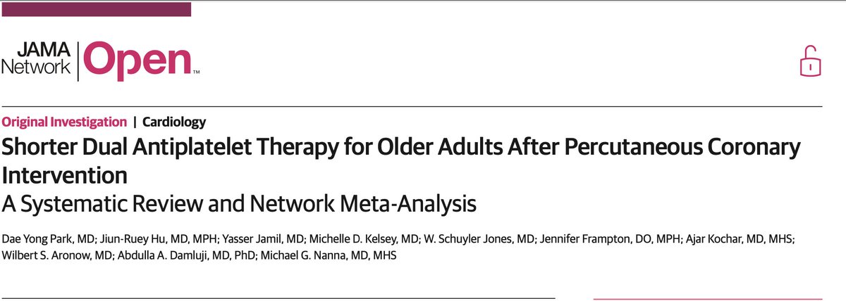 Shorter Dual Antiplatelet Therapy for Older Adults After Percutaneous Coronary Intervention-A Systematic Review and Network Meta-Analysis: <a href="/JAMA_current/">JAMA</a> 

🥸Led by <a href="/MichaelGNanna/">Michael Nanna</a> 

😱Brief 10-point summary 

👇👇👇