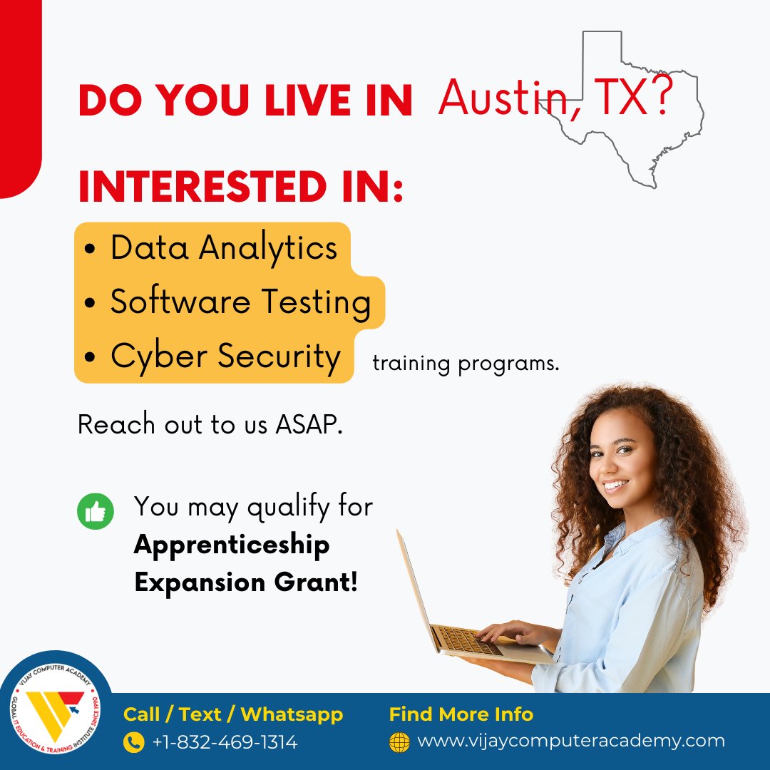 Do you live in Austin, Texas? Are you interested in: 👉🏻Data Analytics 👉🏻 Software Testing 👉🏻 Cyber Security ? Reach out to us ASAP vijaycomputeracademy.com/inquiry-page/ You may qualify for #Apprenticeship Expansion #Grant ! #austin #tx #houston #usa #texas #texasmom #workforce