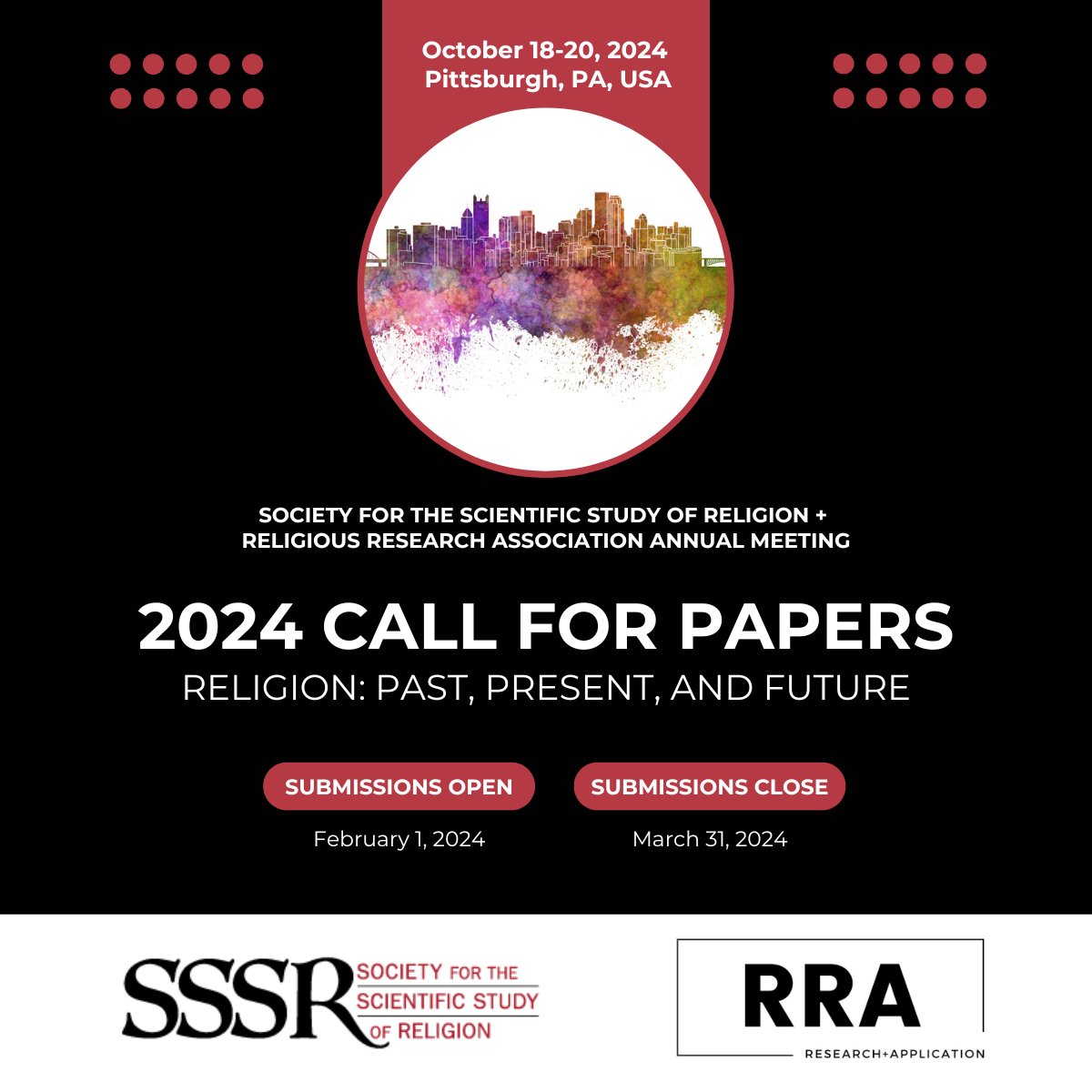 Join us for the #SSSR_RRA2024 annual meeting in Pittsburgh, PA ➡️ Religion: Past, Present, and Future. 🗓️⏳Only three days left to submit your paper session, book panel or individual proposal for the March 31st deadline. sssreligion.org/annual-meeting…